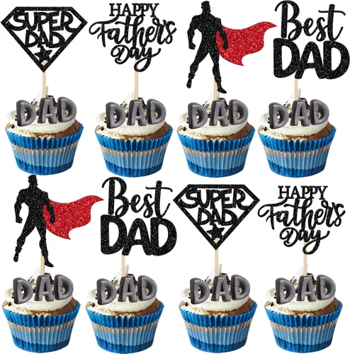 Miniatura 15 de Rsstarxi Paquete de 24 adornos para cupcakes con purpurina negra para el Día del Padre, para el Día del Padre, decoración de tartas, suministros