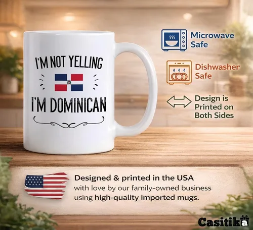 Miniatura 3 de Casitika Divertidos regalos de República Dominicana. Taza de café de cerámica de 11 onzas con texto en inglés "I'm Not Yelling I'm Dominican". Tazas