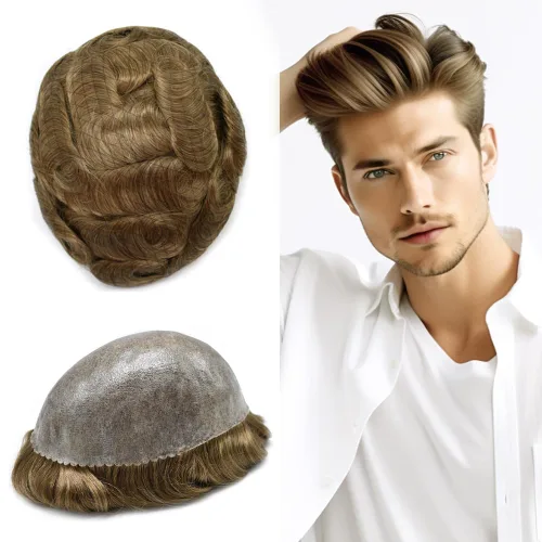 Miniatura 64 de Toupee para hombres Sistema de reemplazo de cabello humano real para hombres Completo PU Mens Hairpiece de aspecto natural para hombre piezas