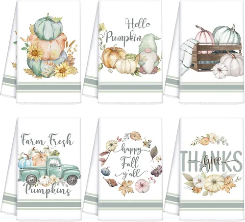 Miniatura 14 de Ganeen Juego de 6 toallas de mano de Acción de Gracias con texto en inglés «Hello Fall» en blanco y negro, vintage, calabaza, camión, motero