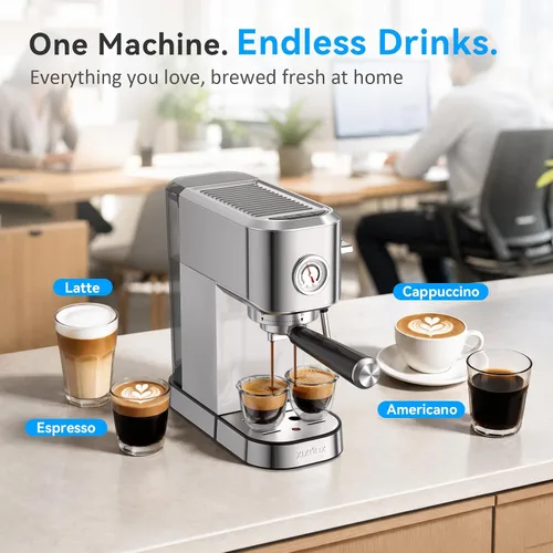 Miniatura 7 de XIXUBX Máquina de café espresso de 20 bares, compacta de acero inoxidable con espumador de leche y jarra de espuma de leche, cafetera para capuchino