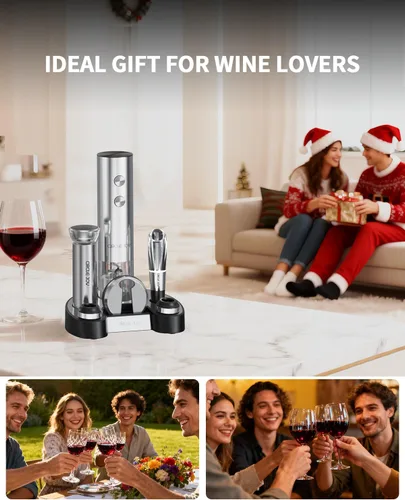 Miniatura 7 de CIRCLE JOY Juego de abridor eléctrico de botellas de vino de acero inoxidable, recargable, 8 en 1, juego de regalo de vino con base de carga, Plata