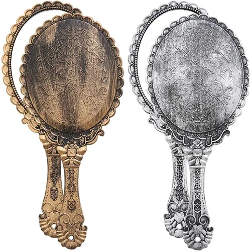 Espejo de mano vintage con asa, 2 piezas, bonito espejo de mano cosmético, espejo de maquillaje, espejo de viaje, 9.8 x 4.5 pulgadas (plata vintage