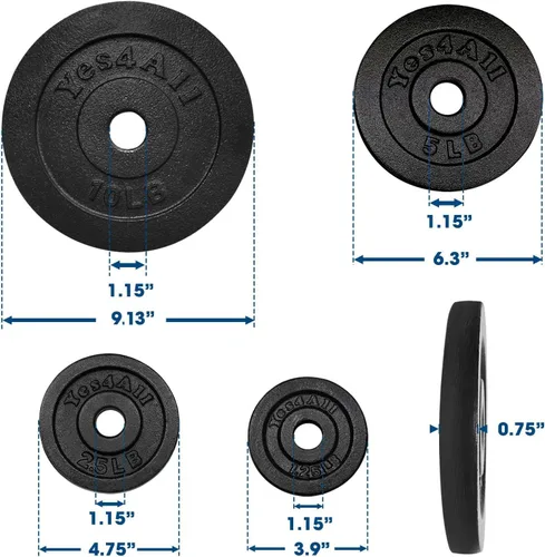 Miniatura 2 de Yes4All Placa de peso de hierro fundido de 1.15 pulgadas, ideal para mango de mancuernas, entrenamiento de fuerza y levantamiento de pesas (juego)