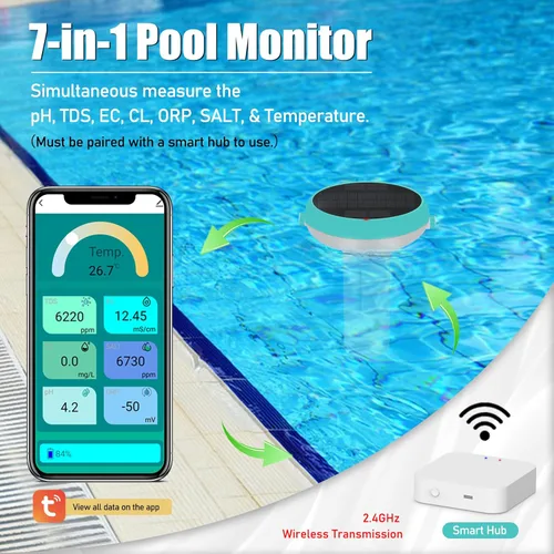 Miniatura 3 de Probador digital de agua para piscina, medidor flotante inteligente 7 en 1, habilitado para WiFi, prueba de pH, cloro, salinidad, ORP, EC, TDS