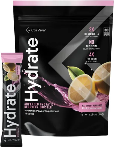 CorVive Mezcla de bebida con electrolitos hidratantes, sabor a limonada rosa, certificado NSF, electrolitos, vitamina C, magnesio, zinc, potasio,