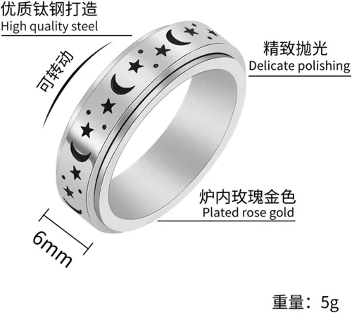 Miniatura 3 de Caiyao Anillo giratorio de acero inoxidable para mujeres y hombres, anillo giratorio con patrón de pentagrama y luna, antiestrés, alivio