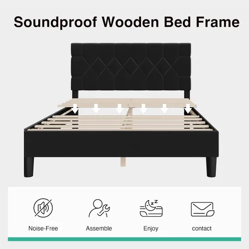 Miniatura 7 de Novilla - Base de cama Queen con cabecero, base de cama tamaño Queen con soporte de listones de madera, cabecero tapizado de terciopelo con puntos