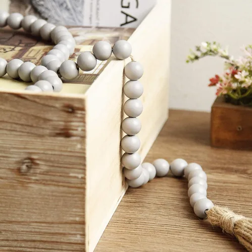 Miniatura 4 de Guirnalda de cuentas de madera de 58 pulgadas con borlas, decoración rústica de granja, decoración de oración bohemia para colgar en la pared (gris)