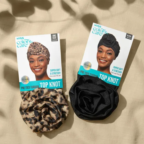 Miniatura 6 de KISS COLORS & CARE Turbante preatado con nudo superior, negro, elegante, elástico y suave para dormir, máxima protección del cabello, minimiza
