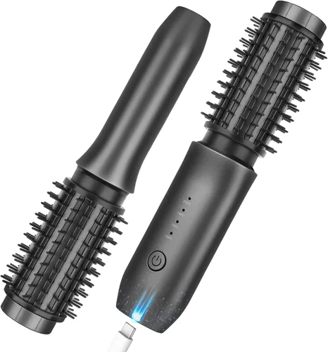 Cepillo de rizador inalámbrico, 2024 NUEVO Mini cepillo portátil de viaje para mujeres, 7000 mAh USB recargable con iones negativos, negro