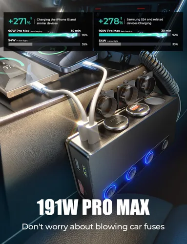 Miniatura 3 de Divisor de encendedor de cigarrillos 9 en 1, adaptador de encendedor de cigarrillos de 191 W con 2 PD/QC3.0, interruptores independientes de 24 V 12