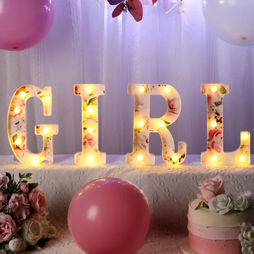 Miniatura 3 de Realspring Letrero de letras para niña, marquesina de bebé, letras iluminadas con flores LED, centros de mesa para baby shower, decoración