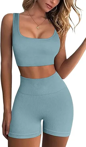 fatty tiger Conjuntos de entrenamiento acanalados para mujer, 2 piezas, trajes de gimnasio, ombligueras, pantalones cortos de cintura alta,