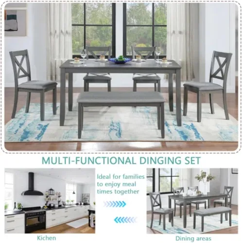 Miniatura 4 de Juego de mesa de comedor de 6 piezas para 4-6 personas, juego de cocina con 4 sillas tapizadas y un banco, sillas de sala de estar con respaldo
