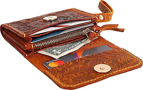 Toros Craft Handmade Leather Wallets for Women, Western Wristlet Wallets, Floral Leather Small Credit Card Holder with Zipper, Minimalist & Cute