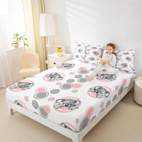 Erosebridal Juego de sábanas lindas de koala para niños, sábana bajera ajustable kawaii koalas tamaño individual con puntos grises y rosados, funda