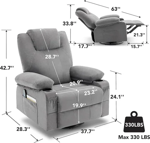 Miniatura 2 de Mecedora reclinable con masaje y calefacción, silla ergonómica giratoria para sala de estar sofá individual clásico