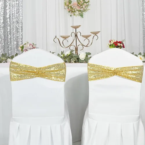 Miniatura 5 de Poise3EHome Juego de 50 bandas elásticas de lentejuelas doradas para sillas de una cara, lazos decorativos para bodas, fiestas, eventos, fundas