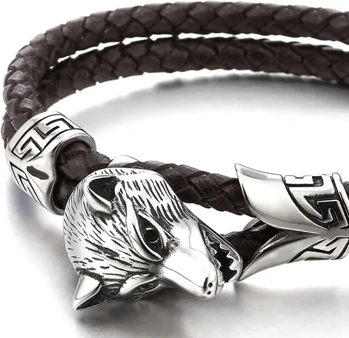 Miniatura 2 de Pulsera de cabeza de lobo para hombre de acero inoxidable con cuero trenzado genuino