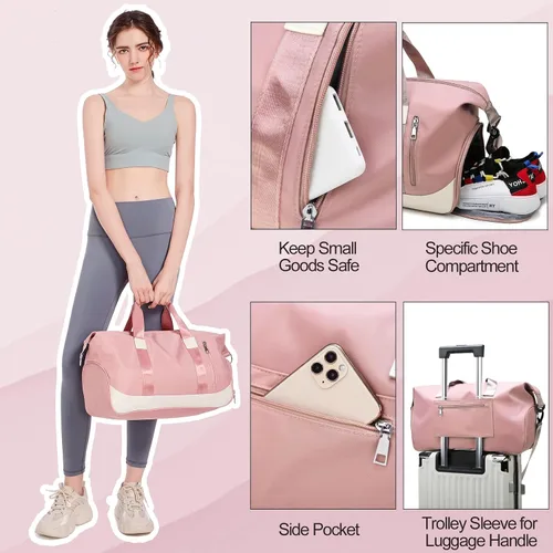 Miniatura 3 de Bolsa deportiva para gimnasio, bolsa de viaje con bolsillo húmedo y compartimento para zapatos, bolsa de fin de semana para mujeres y hombres, Rosado