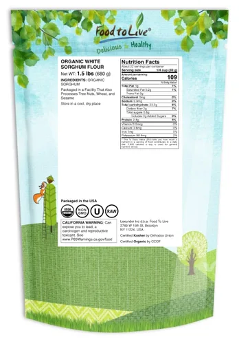 Miniatura 2 de Food to Live Harina orgánica de sorgo blanco, 1.5 libras, sin OMG, finamente molida, pura, cruda. Buena fuente de proteínas y fibra. Altamente