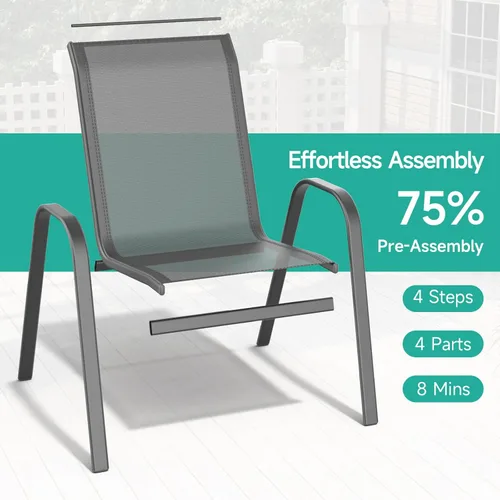 Miniatura 4 de Juego de 2 sillas de patio, sillas de comedor exterior apilables de fácil montaje con respaldo alto y asiento ancho, sillas exteriores transpirables