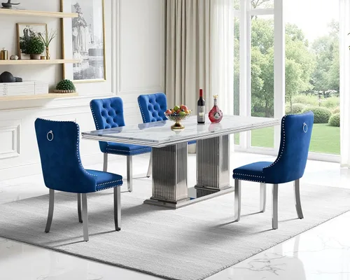 Miniatura 10 de Juego de mesa de comedor de mármol para 4, mesa de cocina rectangular de mármol negro de 68 pulgadas con base en H de acero inoxidable dorado, juego