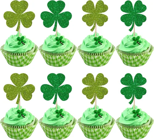 Miniatura 10 de 1 paquete de decoración para pastel de cumpleaños del día de San Patricio con purpurina verde de trébol de la suerte de cuatro hojas, trébol