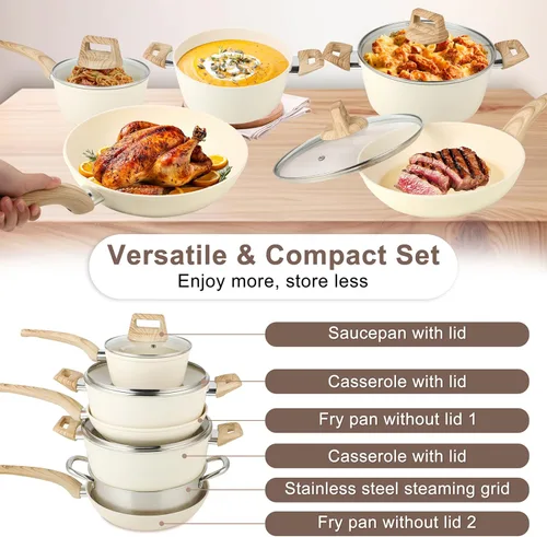 Miniatura 7 de FAB&DELUXE Juego de 11 piezas de utensilios de cocina antiadherentes, ollas y sartenes antiadherentes de aluminio con tapas y asas de madera, Caqui
