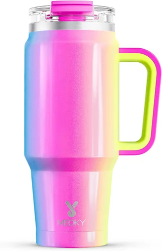 Miniatura 17 de Meoky Vaso de 40 onzas con asa y pajita, vaso aislado con tapa y popote, taza de viaje de acero inoxidable, mantiene el frío durante 34 horas, 100%