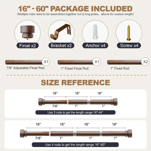 Miniatura 9 de Lootkell Redwood - Barras de cortina para ventanas de 28 a 48 pulgadas de diámetro, bohemio, decorativo, resistente, ajustable, con diseño de grano