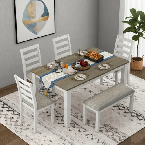 LUMISOL Juego de 6 mesas de comedor de estilo rústico para 6, mesa de cocina de madera maciza de 60 pulgadas con banco y 4 sillas, acabado marrón y