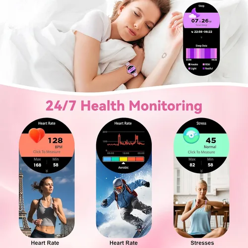 Miniatura 5 de Reloj inteligente para mujer con llamada de marca/respuesta, reloj de fitness ajustable de 1.2 pulgadas con monitor de sueño de frecuencia cardíaca