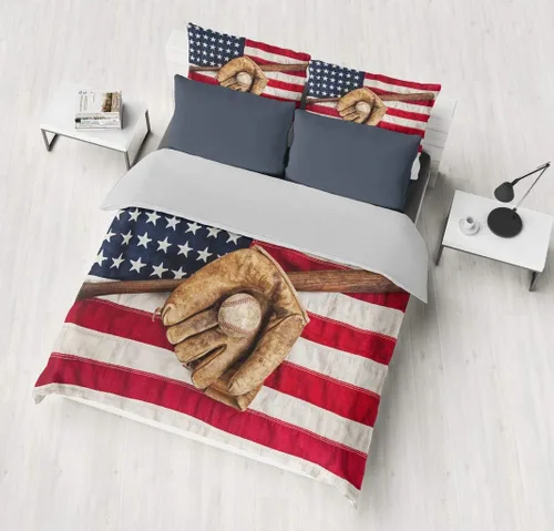 Miniatura 6 de Juego de ropa de cama de béisbol para niños, juego de edredón de bandera estadounidense con temática deportiva, tamaño individual, decoración