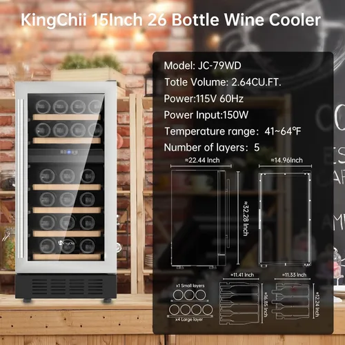 Miniatura 6 de KingChii Refrigerador de vino de doble zona de 15 pulgadas, con 26 botellas, compresor profesional, acero inoxidable y vidrio templado para vino