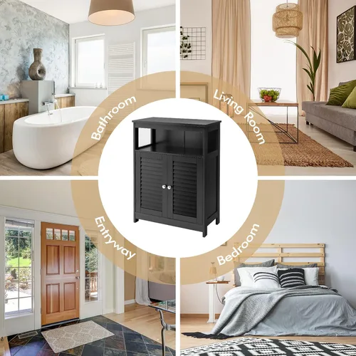 Miniatura 9 de COSTWAY Armario de almacenamiento para baño, organizador de almacenamiento lateral de madera con puertas de rejilla y estante extraíble, gabinete