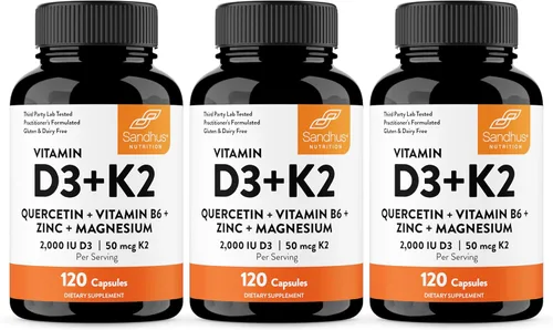 Miniatura 10 de Sandhu's Vitamina D3 K2 Magnesio 10000 IU, 120mcg K2 Cápsulas 60 unidades (paquete de 1) con VIT B6, zinc y quercetina D3K2 apoya la absorción
