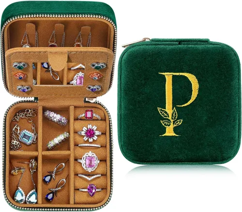 Parima Joyero de viaje para mujeres y niñas, joyero con inicial P Joyero pequeño Joyero de viaje para mujer Estuche de joyería de viaje Regalos
