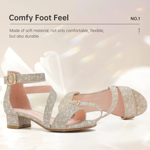 Miniatura 3 de Sandalias para niñas, tacones para niños, puntera abierta, correa al tobillo, zapatos de vestir, flores para boda, fiesta para niños pequeños