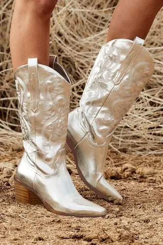 Miniatura 4 de MissHeel Botas vaqueras de media pantorrilla con tacón grueso bordado en plata rosa