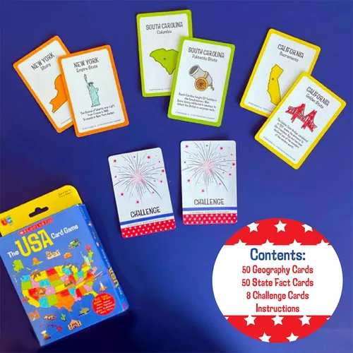 Miniatura 4 de University Games, Juego de cartas de viaje Scholastic USA, Aprende capitales estatales y hechos históricos, Gran juego de cartas de desafío