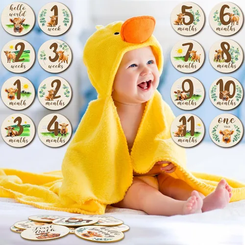 Miniatura 7 de Tiamon 16 tarjetas mensuales de madera para bebé, discos de marcador de hitos mensuales, círculos de madera de doble cara, letreros de meses