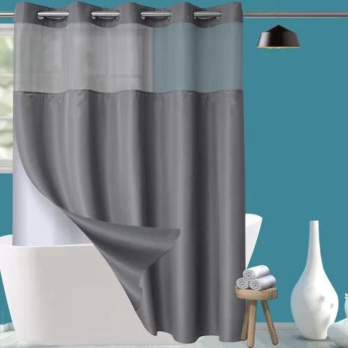 Miniatura 10 de Conbo Mio Cortina de ducha sin gancho con forro a presión, cortinas de baño de tela blanca de lujo para hotel con ventana superior transparente