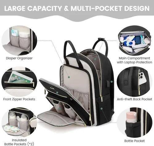 Miniatura 4 de LOVEVOOK Bolsa de pañales para bebé, mochila impermeable para pañales con puerto de carga USB para bebé, gran capacidad para laptop de 15.6