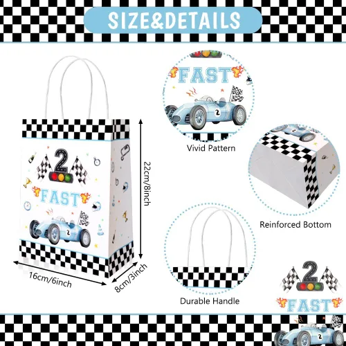 Miniatura 2 de AIBIIN 24 bolsas de regalo de segundo cumpleaños con asas, color azul polvoriento, coches de carreras a cuadros, recuerdos de fiesta de auto
