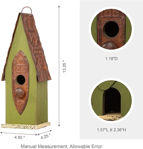 Miniatura 4 de Glitzhome Casa de pájaros colgante de 13.25 pulgadas de alto, color verde retro, de madera maciza envejecida, para exteriores RetroGreen