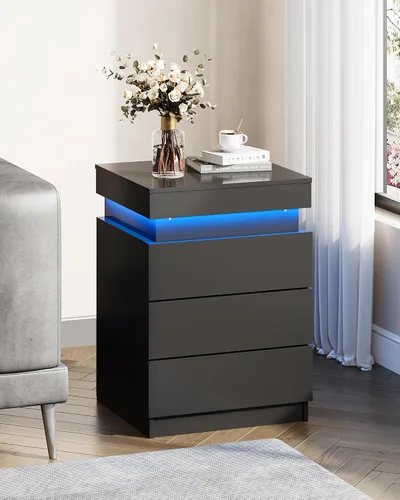 Miniatura 8 de WLIVE Mesita de noche con estación de carga y luces LED, moderna mesita de noche con 3 cajones y parte superior deslizante, mesa auxiliar con Negro