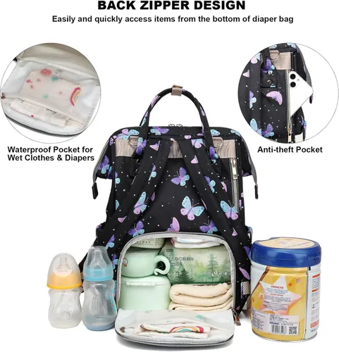 Miniatura 5 de Mochila de pañales de mariposa para bebés, niñas y niños, gran capacidad, multifuncional, impermeable, para maternidad, con correas para cochecito