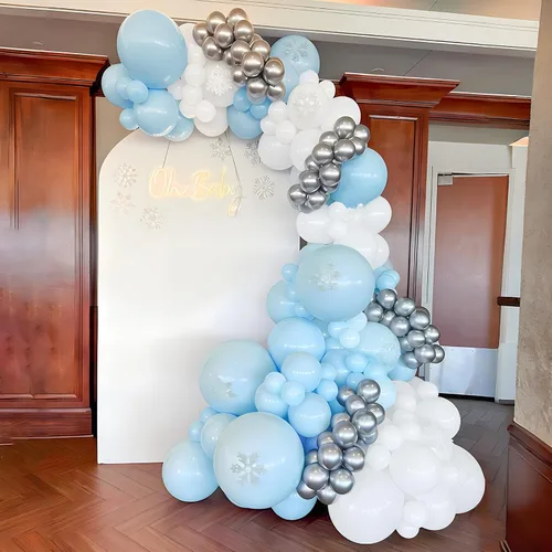 Miniatura 4 de Kit de arco de globos azules y blancos, 120 guirnaldas de globos azul claro pastel, globos de látex de 18, 12, 10, 5 pulgadas para niños